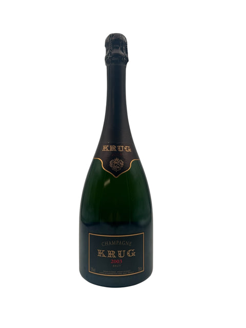 Flaske af Krug Champagne fra 2003 med elegant etikette
