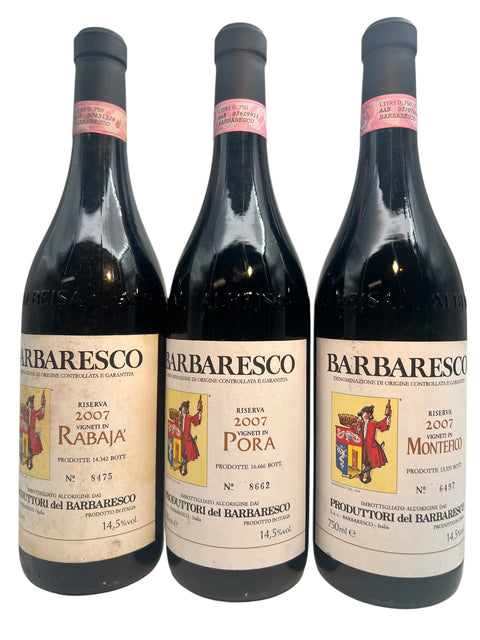 Three bottles of Barbaresco wine from Produttori del Barbaresco in vintage 2007