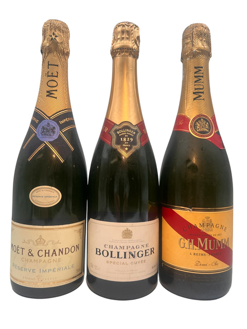 Tre flaskor Moët & Chandon, Bollinger och G.H. Mums champagne