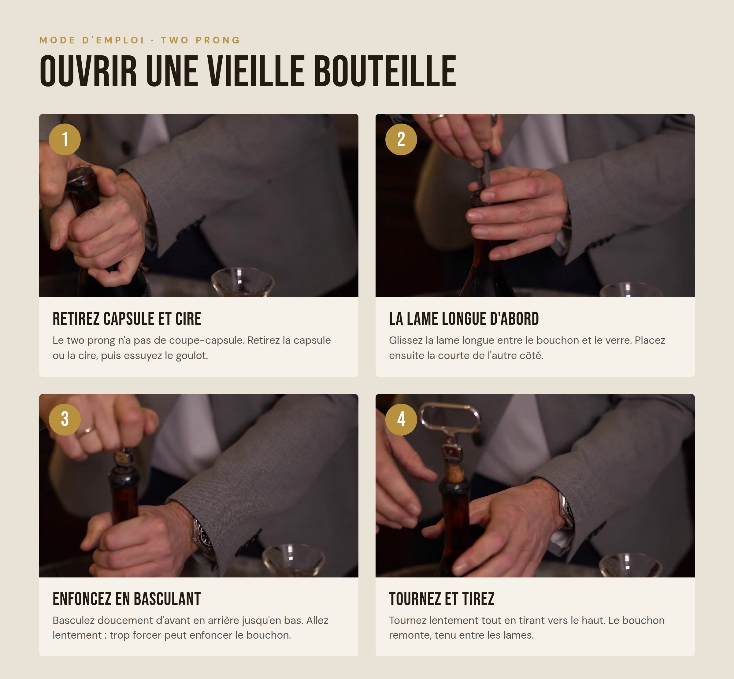 Ouvrir une vieille bouteille avec un two prong en quatre étapes